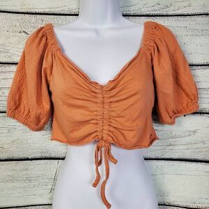 Roxy Rust Orange Puff Sleeve Ruched Crop Top Size M